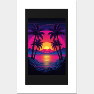 Illustration of an 80s Synthwave retro sunset with palm trees on the beach Posters and Art